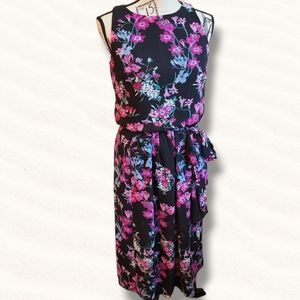 CHAPS Black Purple Floral Chiffon Sleeveless Tie Waist Maxi Dress Size 6